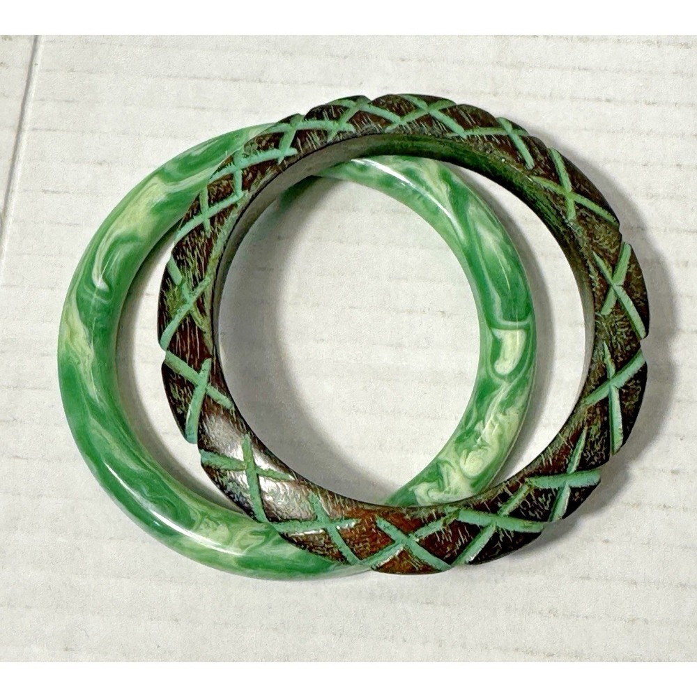 2 Vintage Bangle Bracelets Hand Painted Resin Wood Boho Chic Neutral Retro